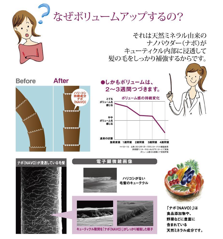 なぜボリュームアップするの？　それは、天然ミネラル由来のナノパウダー（ナボ）がキューティクル内に浸透して髪の毛をしっかり補強するからです。しかもボリュームは２〜３週間続きます。ナボは食品添加物や野菜などに豊富に含まれている天然ミネラル成分です。