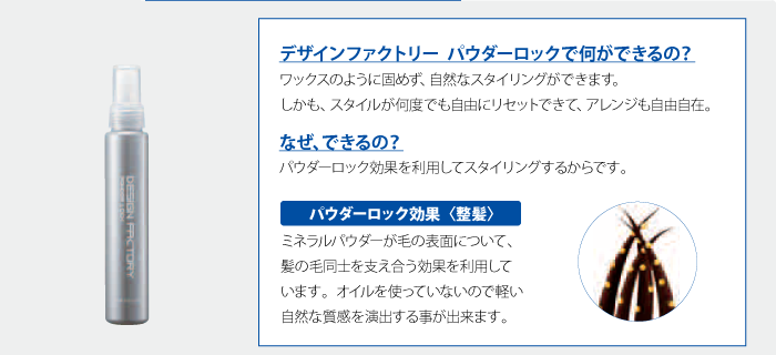 デザインファクトリー パウダーロックで何ができるの？ ワックスのように固めず、自然なスタイリングができます。しかも、スタイルが何度でも自由にリセットできて、アレンジも自由自在。なぜ、できるの？ パウダーロック効果を利用してスタイリングするからです。　パウダーロック効果〈整髪〉ミネラルパウダーが毛の表面について、髪の毛同士を支え合う効果を利用しています。オイルを使っていないので軽い自然な質感を演出する事が出来ます。